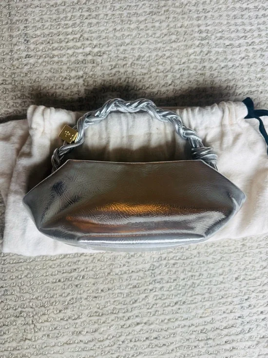 NWT GANNI Bou Mini Bag Silver Metallic Leather Top Handle Logo Bag Purse - Picture 6 of 7